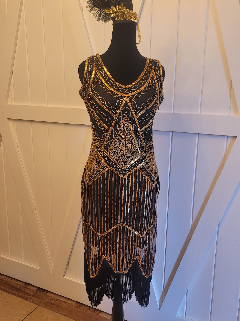 1920s Flapper Gatsby Art Deco Beaded Fringe Dress Gold Black Size 8 Party